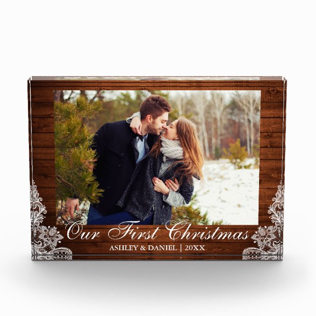 Rustic Wood Lace Our First Christmas Couple Photo Block (Front)