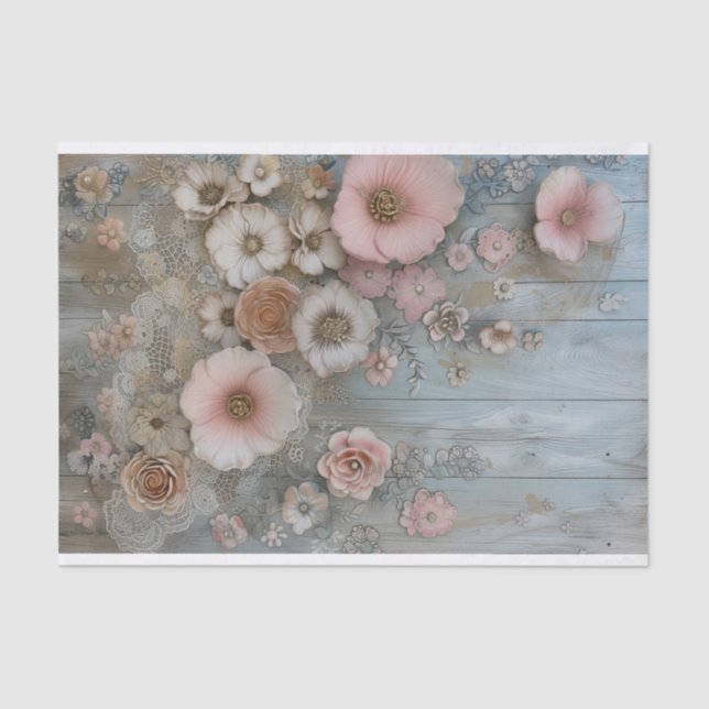Rustic Wood, Lace, Pastel Flowers Decoupage Tissue Paper (Front)