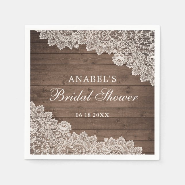 Rustic Wood Lace Personalised Bridal Shower Napkin (Front)