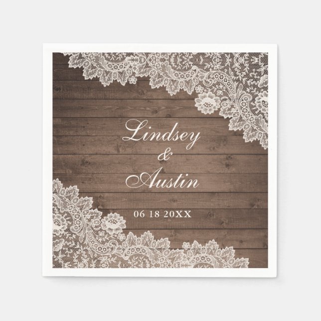 Rustic Wood Lace Personalised Wedding Napkin (Front)