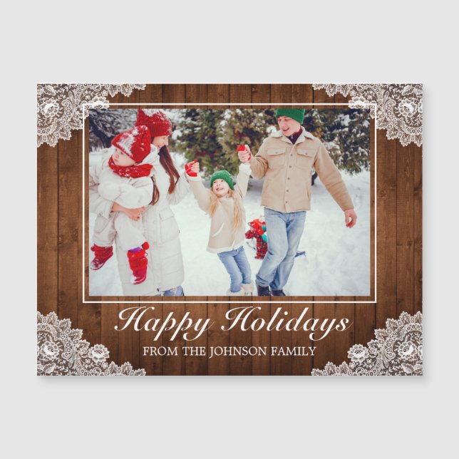 Rustic Wood & Lace Photo Happy Holidays Greeting (Front)