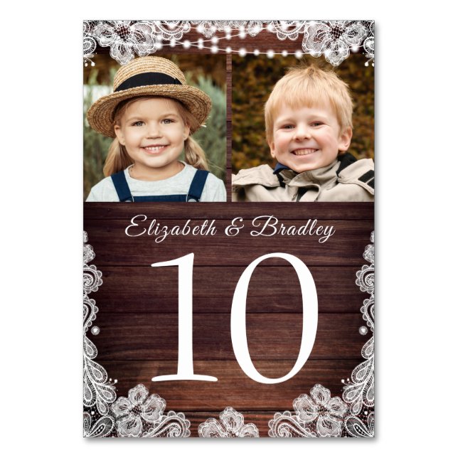 Rustic Wood Lace Photo Wedding Table Number Sign (Front)
