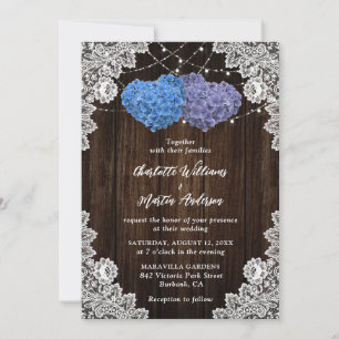 Rustic Wood Lace Purple and Blue Floral Wedding Invitation