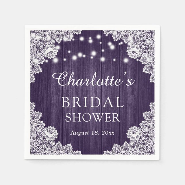 Rustic Wood Lace Purple Bridal Shower Napkins (Front)