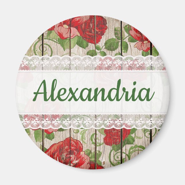 Rustic Wood Lace Roses Personalised Name Magnet (Front)