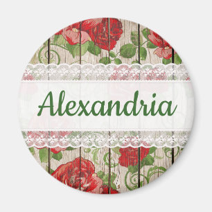 Rustic Wood Lace Roses Personalized Name Magnet