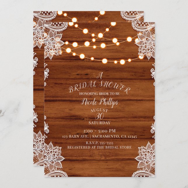 Rustic Wood Lace & String Lights Bridal Shower Invitation (Front/Back)