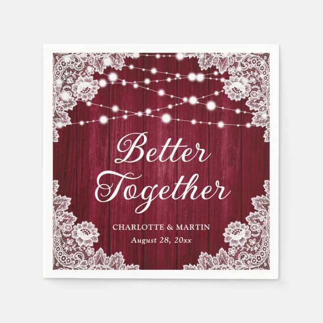 Rustic Wood Lace String Lights Burgundy Wedding Napkin (Front)