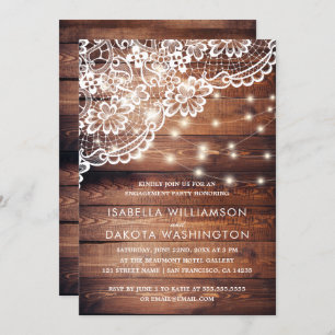 Rustic Wood Lace & String Lights Engagement Party Invitation