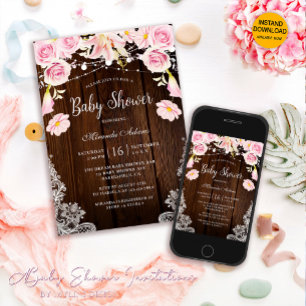 Rustic Wood Lace String Lights Floral Baby Shower Invitation