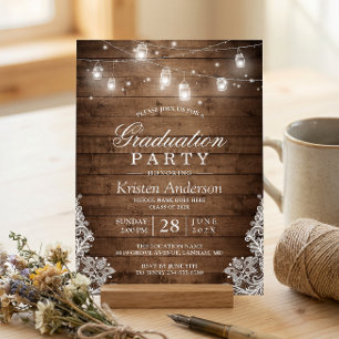 Rustic Wood Lace String Lights Graduation Party Invitation
