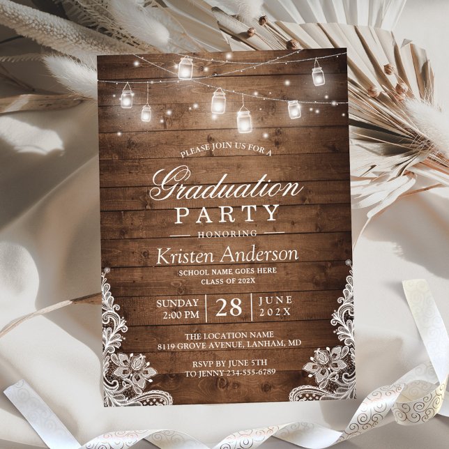 Rustic Wood Lace String Lights Graduation Party Invitation (Creator Uploaded)