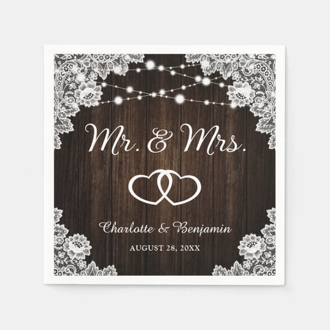 Rustic Wood Lace String Lights Mr and Mrs Wedding Napkin (Front)