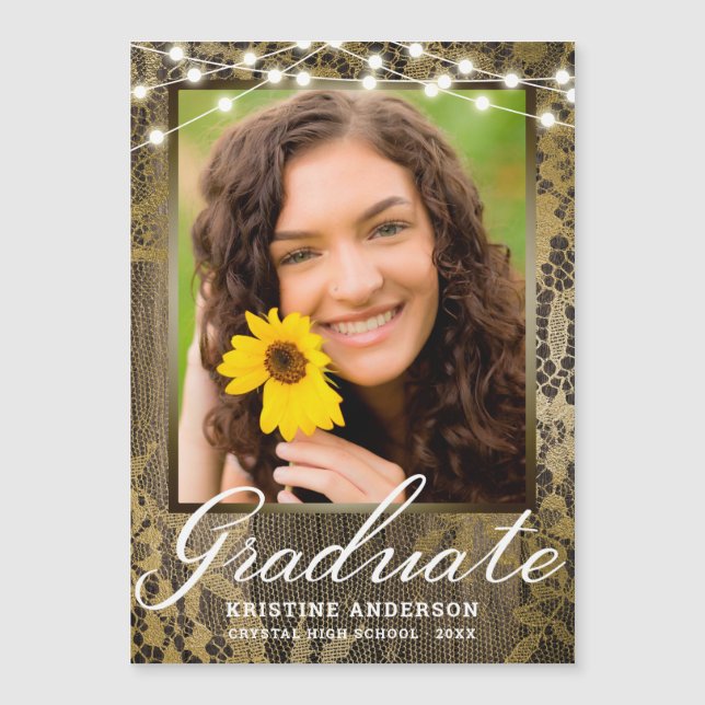 Rustic Wood Lace String Lights Photo Graduation (Front)