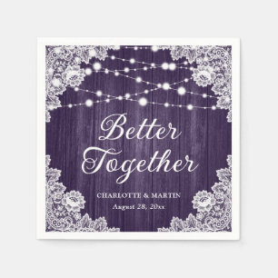 Rustic Wood Lace String Lights Purple Wedding Napkin