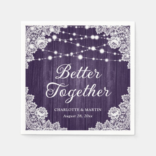 Rustic Wood Lace String Lights Purple Wedding Napkin (Front)