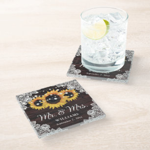 Rustic Wood Lace String Lights Sunflower Wedding Glass Coaster