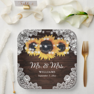 Rustic Wood Lace String Lights Sunflower Wedding Paper Plate