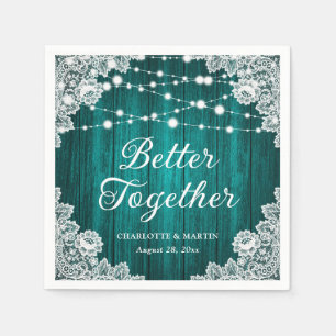 Rustic Wood Lace String Lights Teal Wedding Napkin