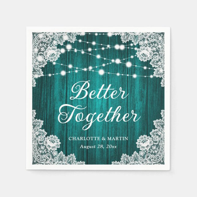 Rustic Wood Lace String Lights Teal Wedding Napkin (Front)