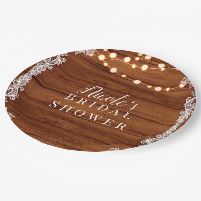 Rustic Wood Lace & String Lights Wedding Bridal Paper Plate (Angled)