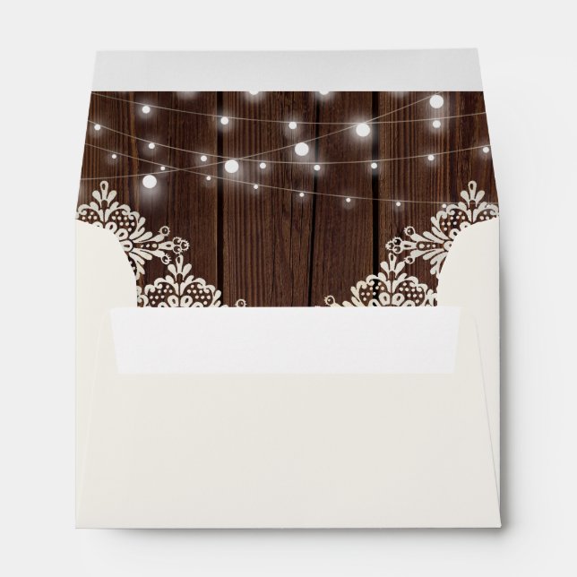 Rustic Wood Lace String Lights Wedding Envelope (Back (Bottom))