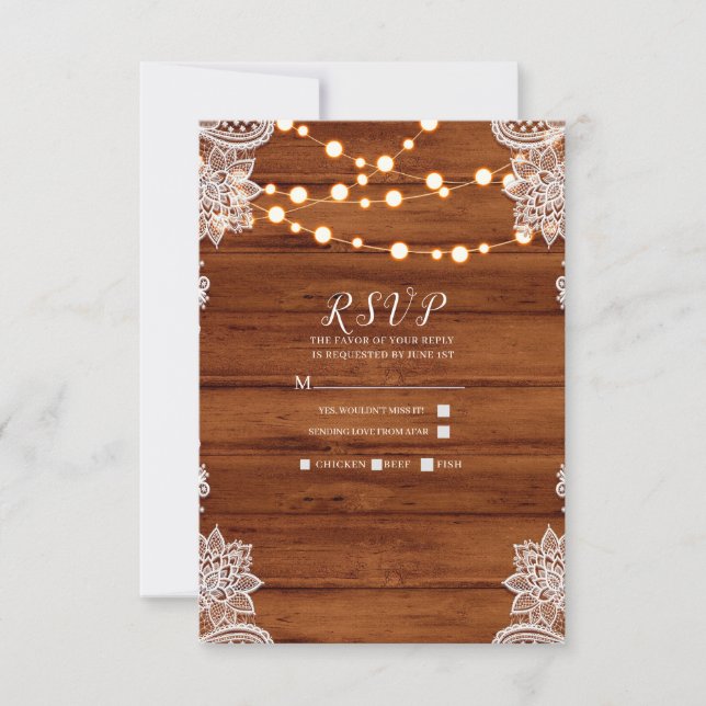 Rustic Wood Lace & String Lights Wedding RSVP Card (Front)