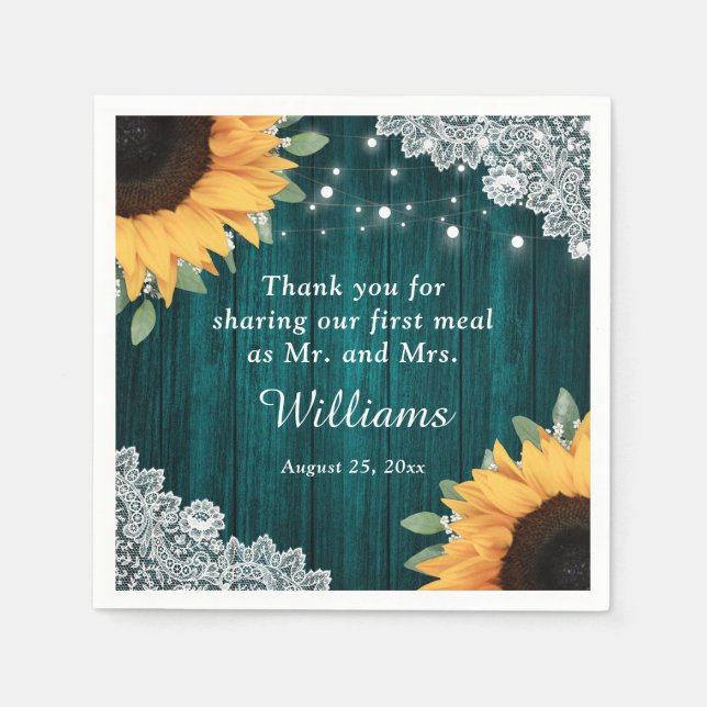 Rustic Wood Lace Sunflower and Teal Wedding Napkin (Front)