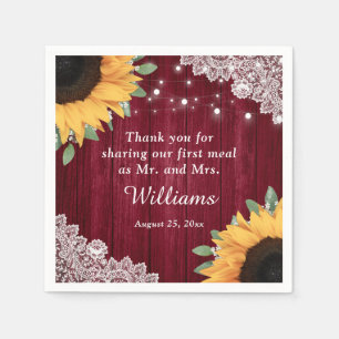Rustic Wood Lace Sunflower Burgundy Wedding Napkin