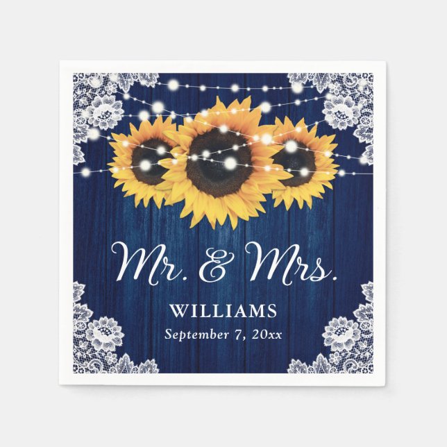 Rustic Wood Lace Sunflower Navy Blue Wedding Napkin (Front)