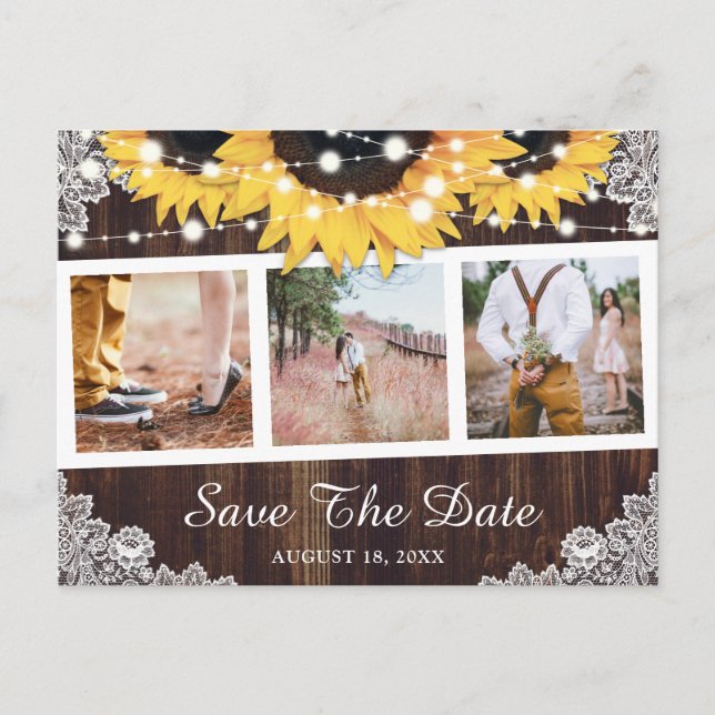Rustic Wood Lace Sunflower Photo Save The Date Announcement Postcard (Front)