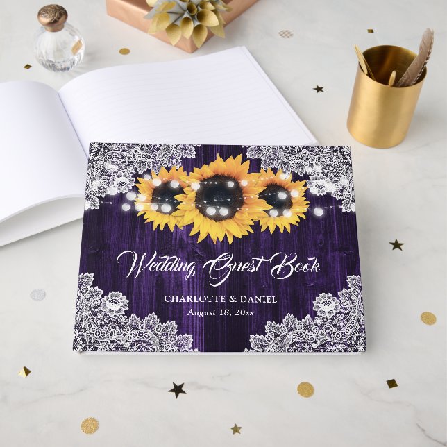 Rustic Wood Lace Sunflower Purple Wedding Guest Book (Front Open)