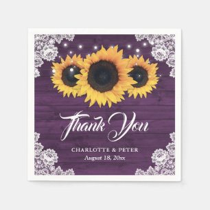 Rustic Wood Lace Sunflower Purple Wedding Napkin