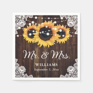 Rustic Wood Lace Sunflower Wedding Napkin
