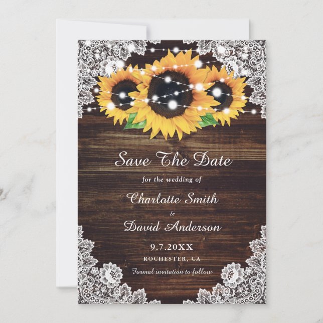 Rustic Wood Lace Sunflower Wedding Save The Date (Front)