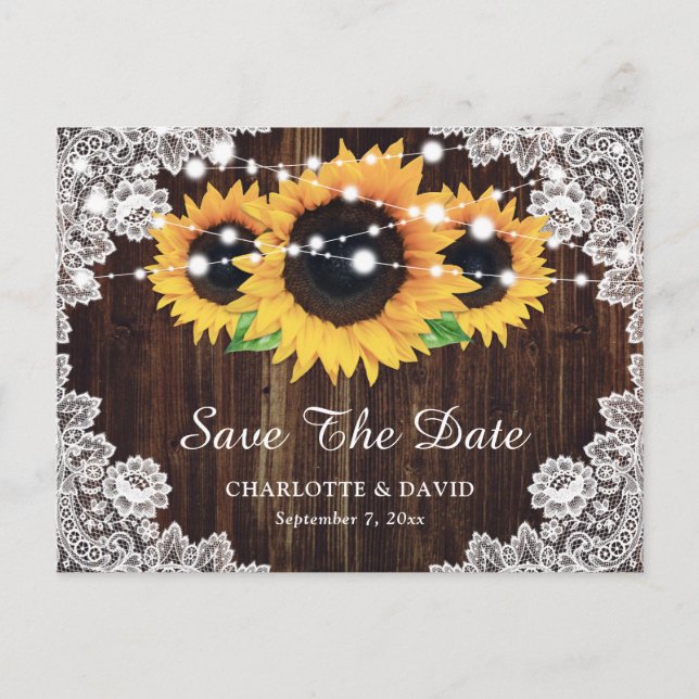 Rustic Wood Lace Sunflower Wedding Save The Date Announcement Postcard (Front)