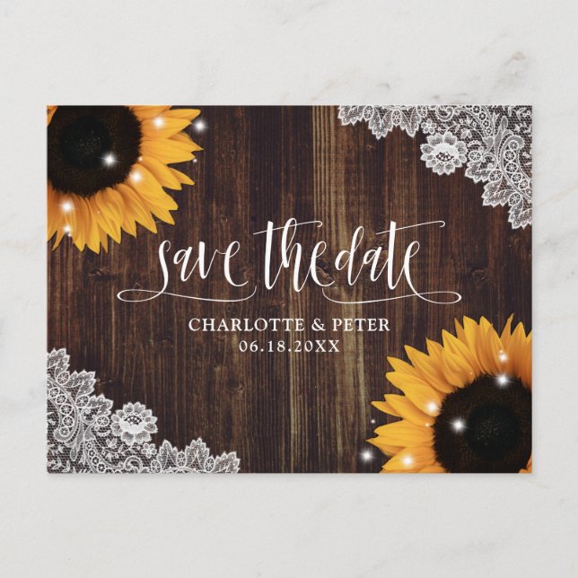 Rustic Wood Lace Sunflower Wedding Save The Date Postcard (Front)