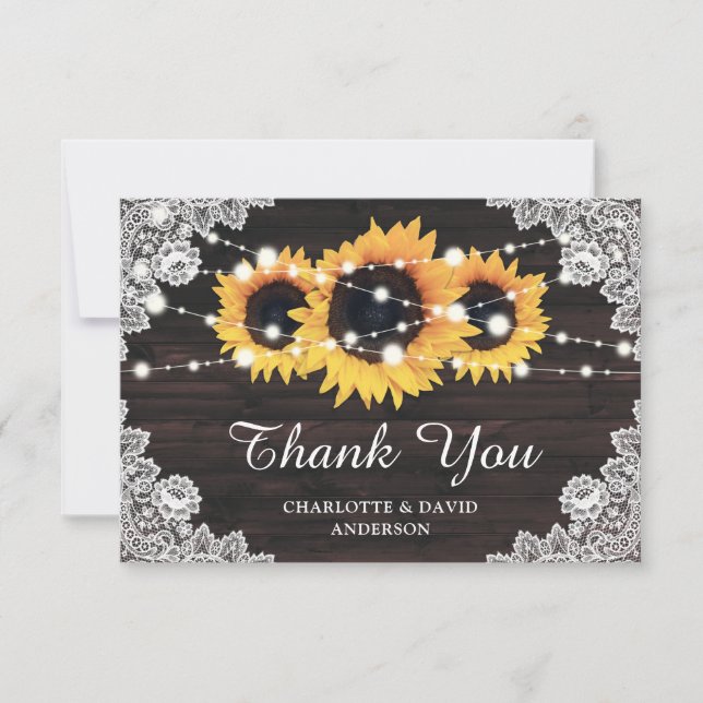 Rustic Wood Lace Sunflower Wedding Thank You Card (Front)