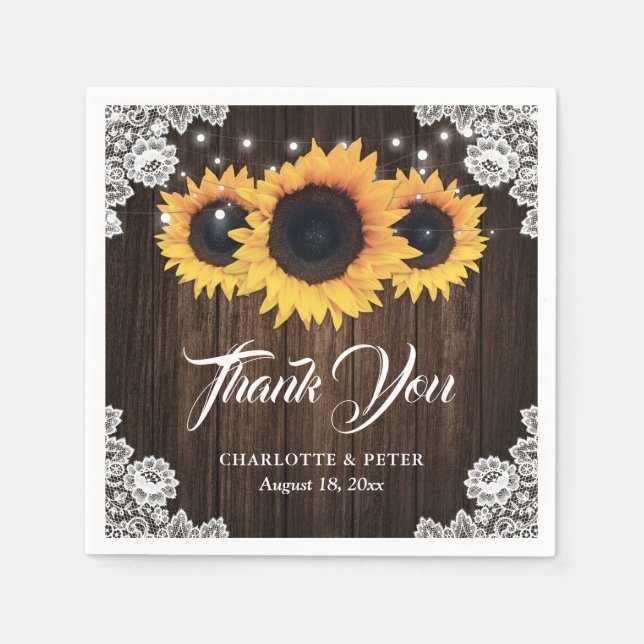 Rustic Wood Lace Sunflower Wedding Thank You Napkin (Front)