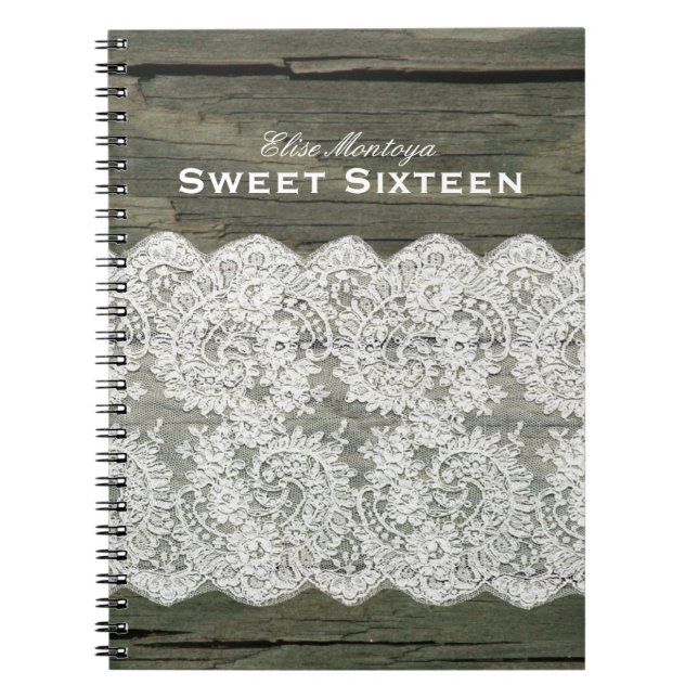 Rustic Wood Lace Sweet Sixteen Personalised Notebook (Front)