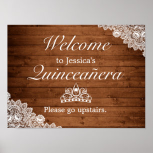 Rustic Wood & Lace Tiara Quinceanera Welcome Sign