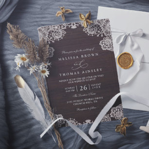 Rustic Wood Lace Vintage Elegant QR Code Wedding Invitation