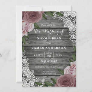 Rustic Wood Lace Wedding Floral Pink Roses Grey  Invitation