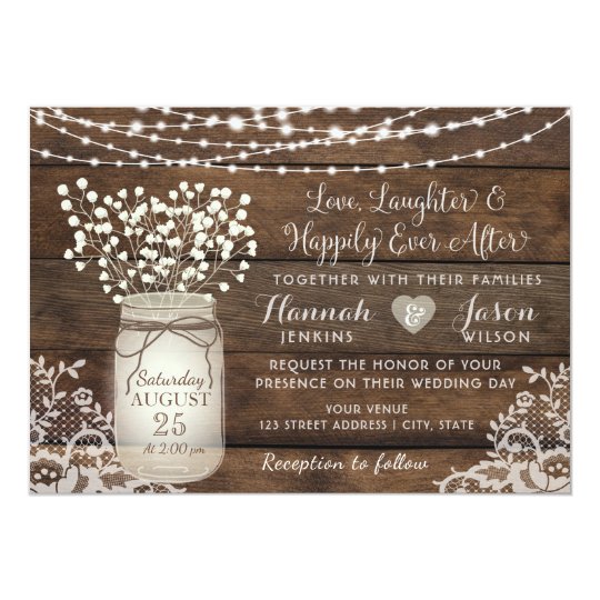 Rustic Wood Lace Wedding Invitation, Mason Jar Card