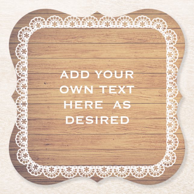 Rustic Wood Lace Wedding Paper Coaster (Front)
