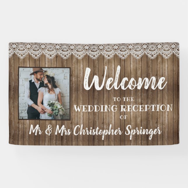 Rustic Wood Lace Wedding Reception Photo Banner (Horizontal)