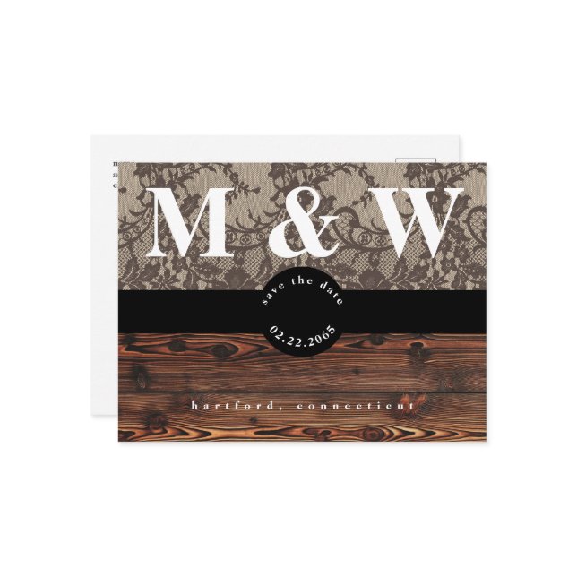Rustic Wood & Lace Wedding Save the Date Announcement Postcard (Front/Back In Situ)