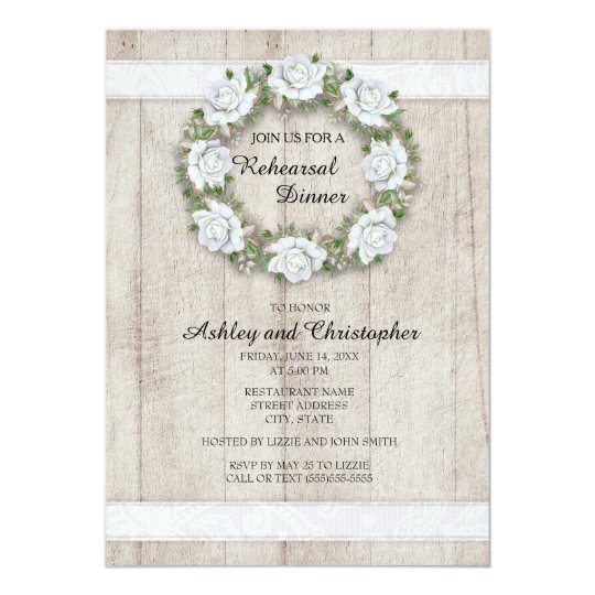 Rustic Wood, Lace, White Floral Wedding Rehearsal Card