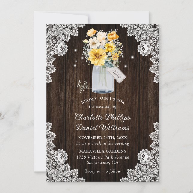 Rustic Wood Lace Yellow Floral Wedding Invitation (Front)