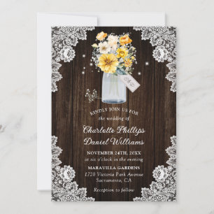 Rustic Wood Lace Yellow Floral Wedding Invitation